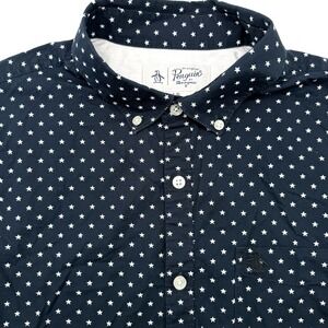 Penguin Men's Short Sleeve Blue AOP Stars Large Button Down Casual Cotton Shirt
